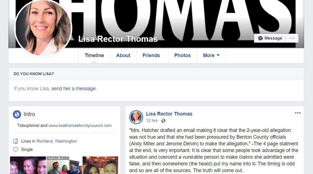 Lisa Rector Thomas posted on her Facebook page early Saturday that the timing of Monica Hatcher’s abuse claims against her estranged husband, Benton County Sheriff Jerry Hatcher, is odd. Her post came hours after it was publicized that she filed a Richland police report accusing Benton County Prosecutor Andy Miller of inappropriately touching her in June 2018.