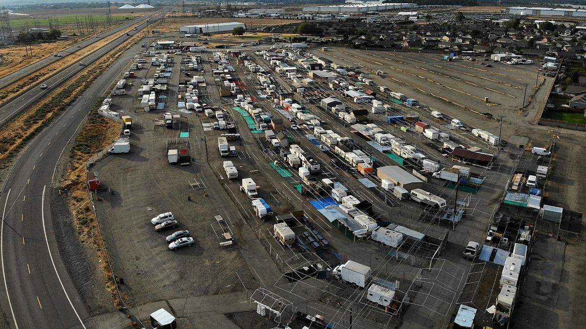 An overhead view in 2023 of the Pasco Flea Market, the state’s largest open-air flea market, off Highway 12.