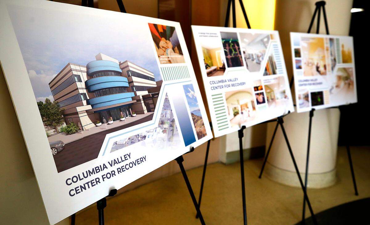 Artist renderings for the Columbia Valley Center for Recovery were displayed during a groundbreaking ceremony. The new facility will open in the former KGH hospital in downtown Kennewick after an extensive remodeling project.
