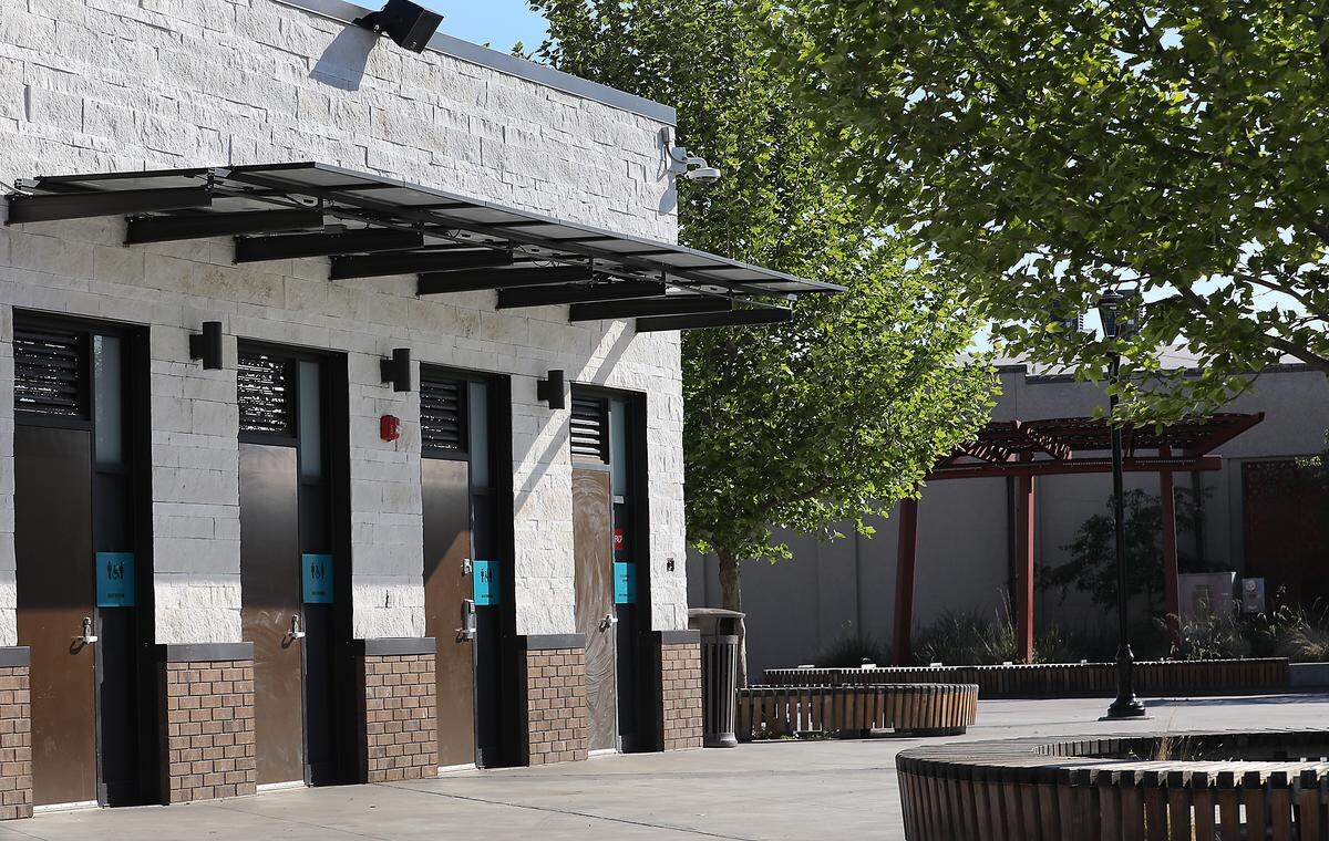 The city is considering options for making public bathrooms like this one in Peanuts Park safer and less likely to be vandalized.