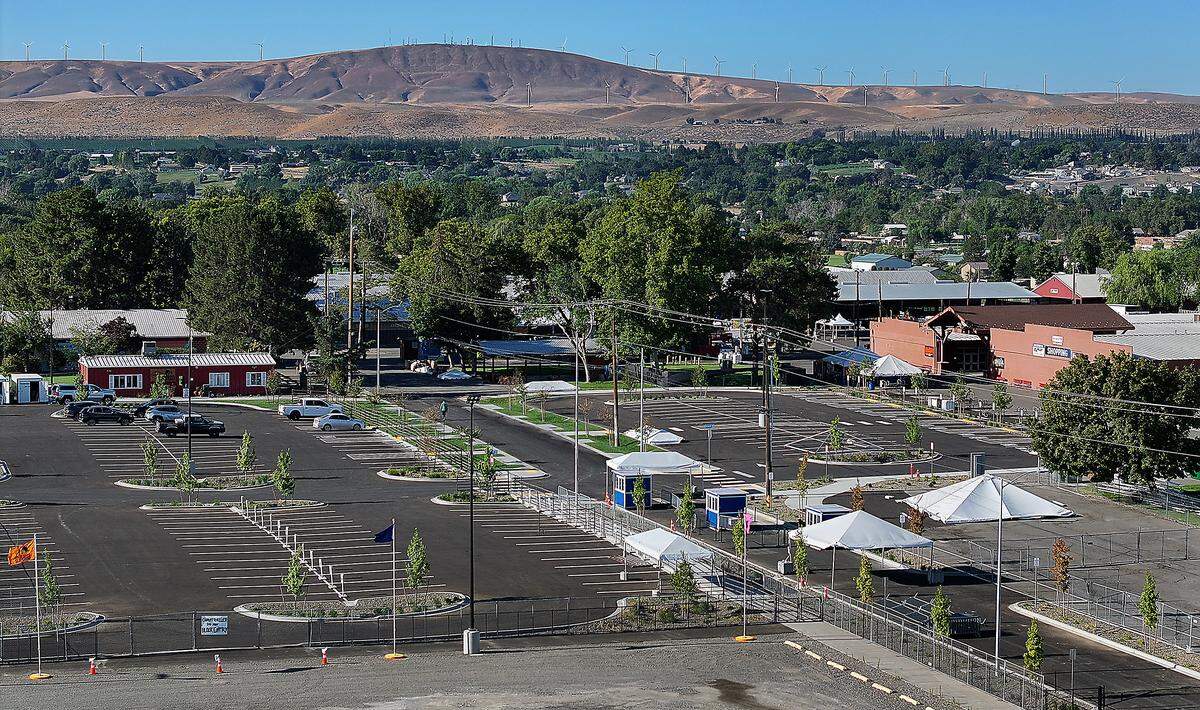 New main gate ticket booths entrance and paved parking area at the Benton County Fairgrounds on east 10th Avenue in Kennewick.