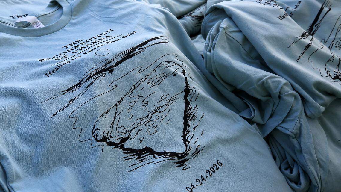 Commemorative t-shirts were handed out during Friday morning's gathering along the Columbia River in Richland to celebrate the reconnection of the Yakima River Delta at Chamna. 