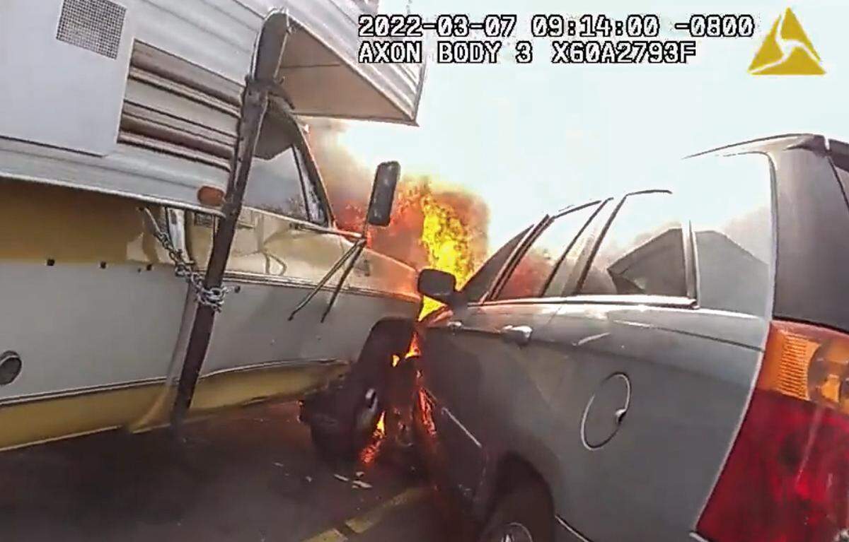 Benton County Sheriff’s deputy Corporal JP Benitez pulled an unconscious man from the driver’s seat of a burning car on Monday morning after spotting a plume of smoke coming from the Rite Aid parking lot near Highway 395.