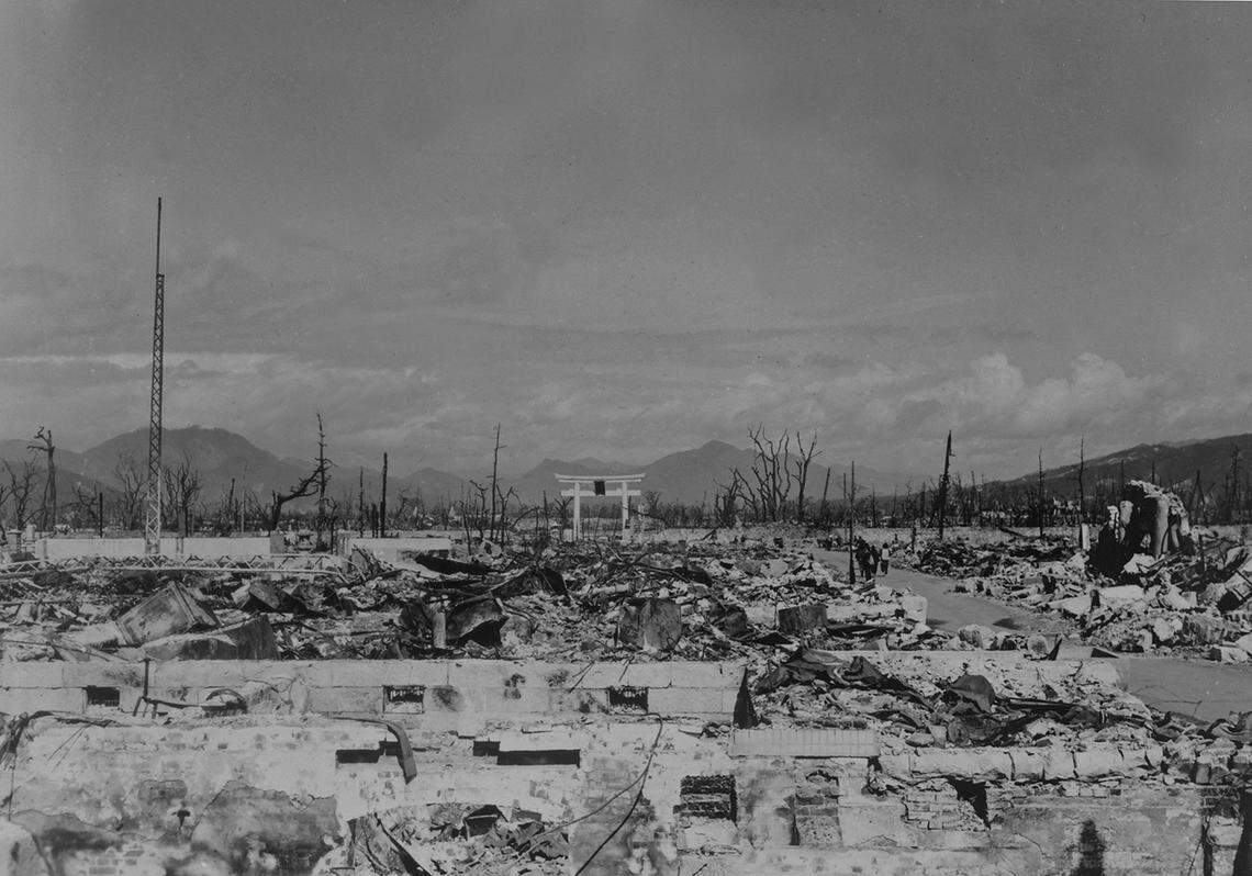 Nagasaki, Japan, after the atomic bomb detonation. Photograph taken March 17, 1948, and declassified in 1959.