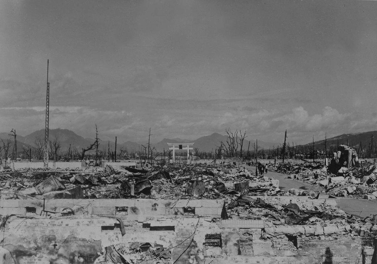 Nagasaki, Japan, after the atomic bomb detonation. Photograph taken March 17, 1948, and declassified in 1959.