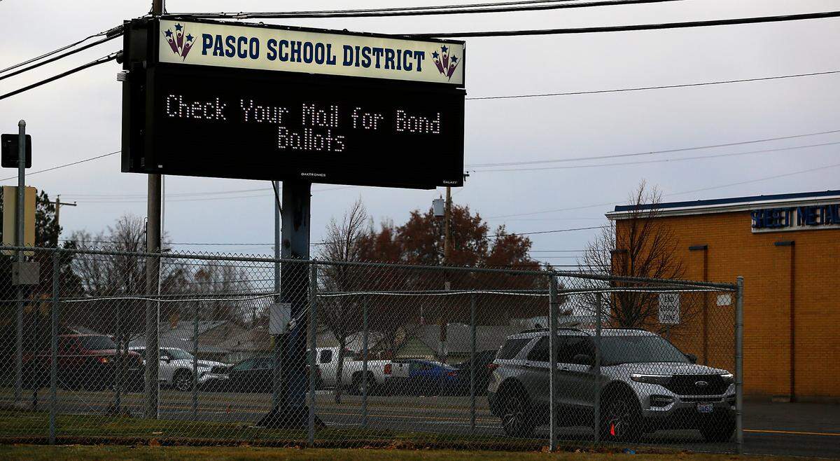 Electronic readerboard at Edgar Brown Memorial Stadium in Pasco reminds Pasco School District residents to be looking for their ballots arriving in the mail for the levy election in February 2023.