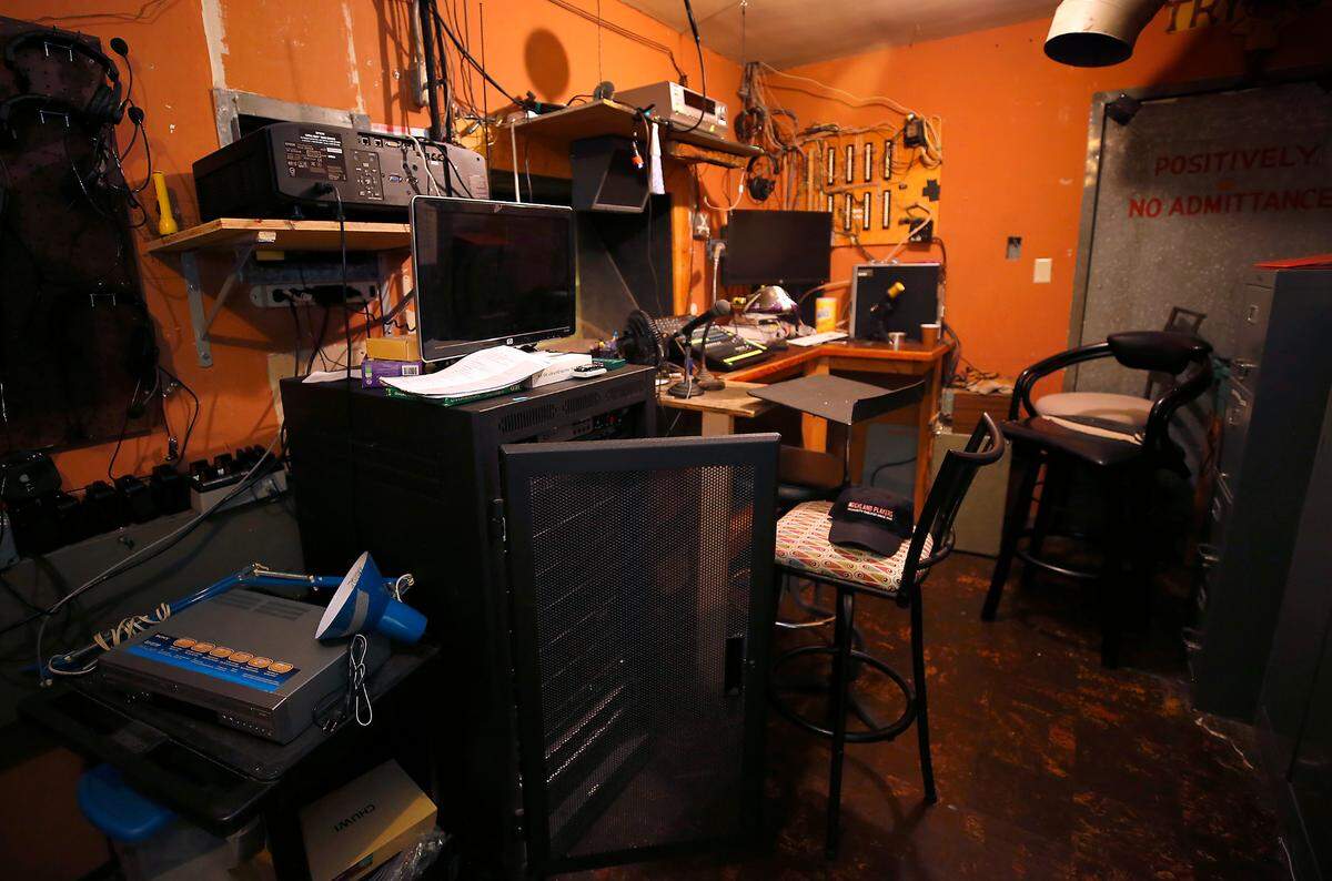 The control booth for lighting and sound in the historic Richland Players performing arts theater building.