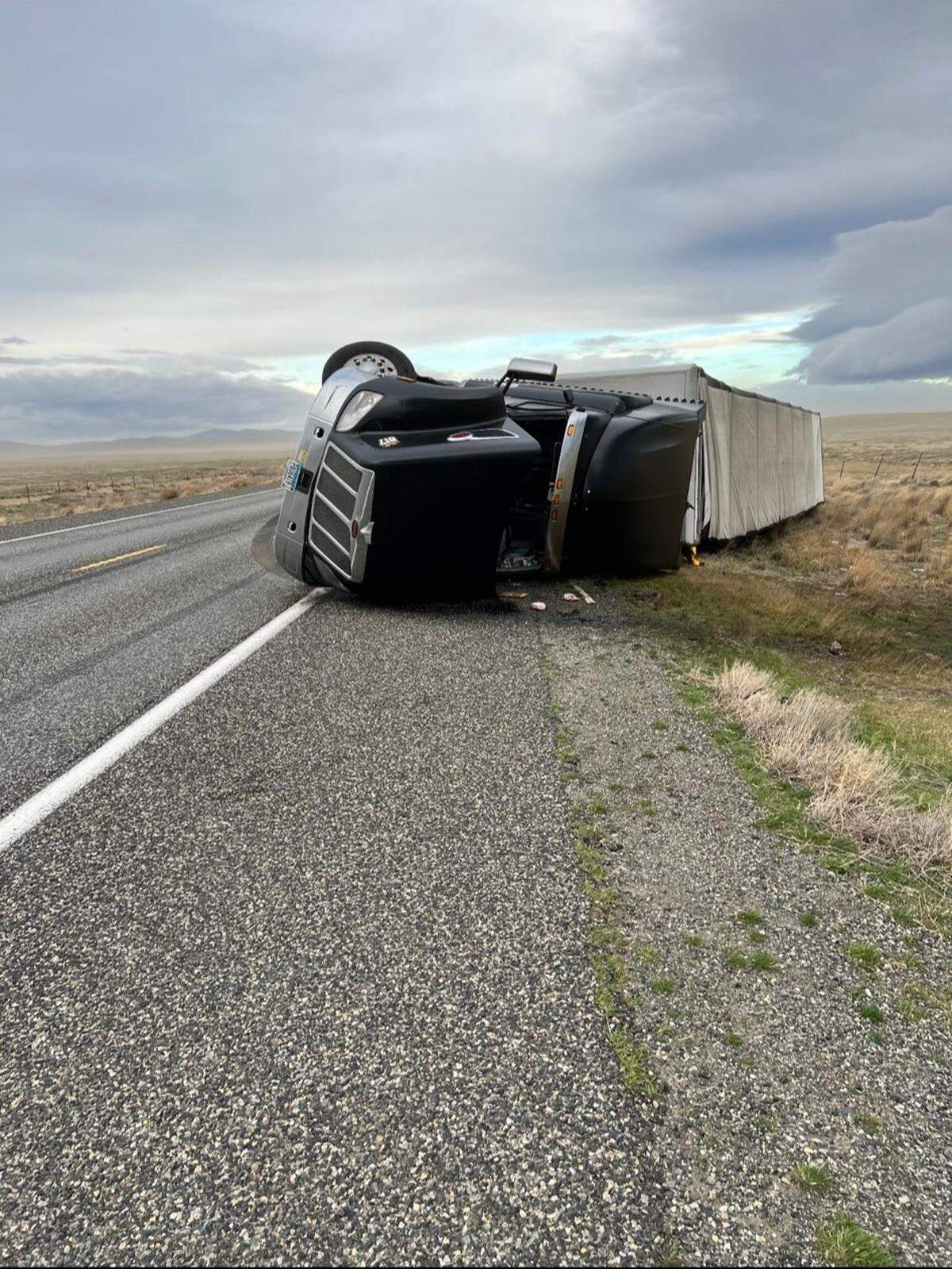 A semi truck and trailer was blown over Saturday morning on Highway 240, about 15 miles west of Richland.