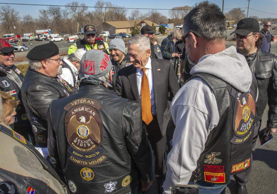 Former Secretary of Defense Jim Mattis greets Veterans at a Tri-Cities ceremony honoring fallen Marine Sgt. Detrich Schmieman in May 2019. The West Richland post office was renamed to Sgt. Detrich Schmieman post office.