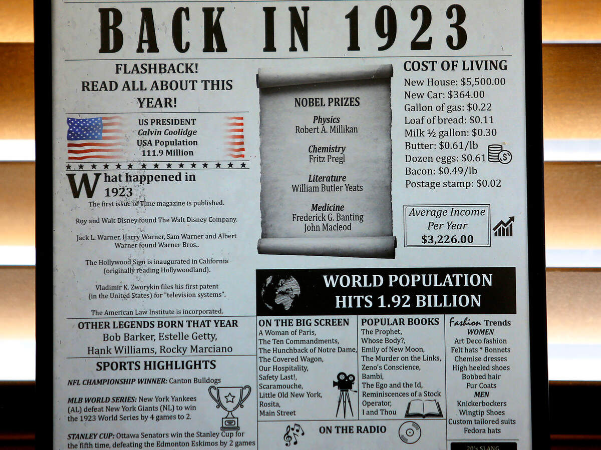 A mock newspaper front page showing highlights from 1923 is displayed in the dining room of Lester Schilke’s Pasco home. The retired Tri-Cities dentist is celebrating his 100th birthday on July 11, 2023.