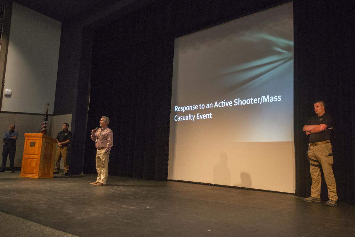 Teachers and staff members from Pasco school district arrive inside Pasco High School Auditorium for an emergency response training led by Pasco Police. The training was voluntary. 