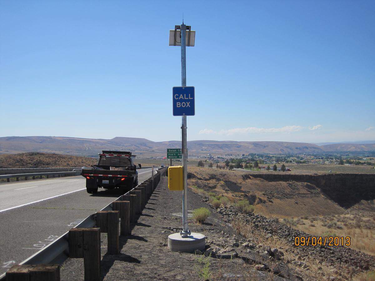 One of the emergency call boxes on the Fred G. Redmon Memorial Bridge north of Yakima. The state put the boxes near the bridge about five years ago to give people a way to ask for help.