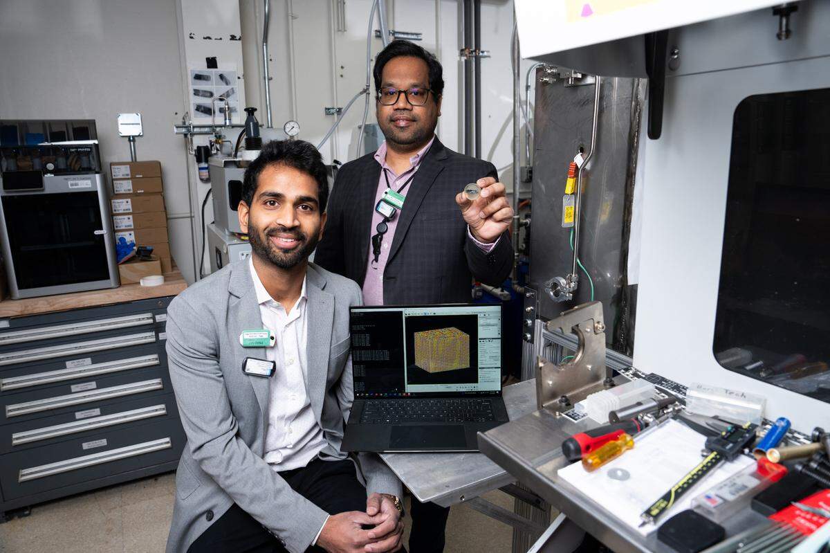 PNNL researchers Ankit Roy (left), Subhashish Meher and their teammates modeled different combinations of the elements in an alloy used in nuclear reactors to narrow in on a composition that might offer the same benefits while reducing dependence on the critical material cobalt. The researchers then produced the modified alloy and used experimental validation to test its performance.