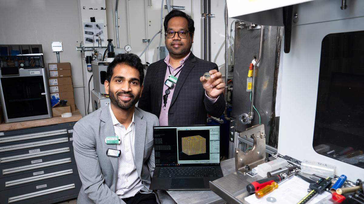 PNNL researchers Ankit Roy (left), Subhashish Meher and their teammates modeled different combinations of the elements in an alloy used in nuclear reactors to narrow in on a composition that might offer the same benefits while reducing dependence on the critical material cobalt. The researchers then produced the modified alloy and used experimental validation to test its performance.