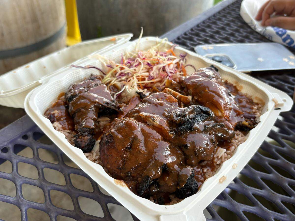 A jerk chicken plate from Jamdung Eats Jamaican food in the Kennewick Public Market.