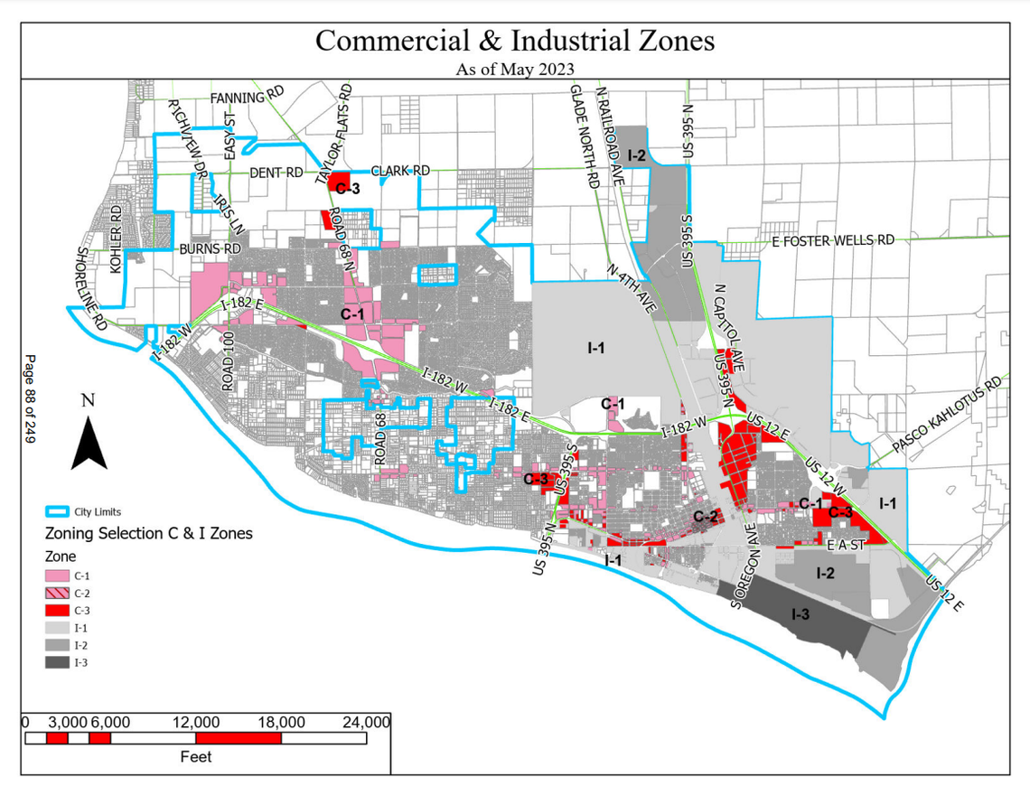 A map from the City of Pasco highlights all of the commercial (C-1, C-2 and C-3) and industrial (I-1, I-2 and I-3) zones subject to a lift on the city’s ban on retail cannabis.
