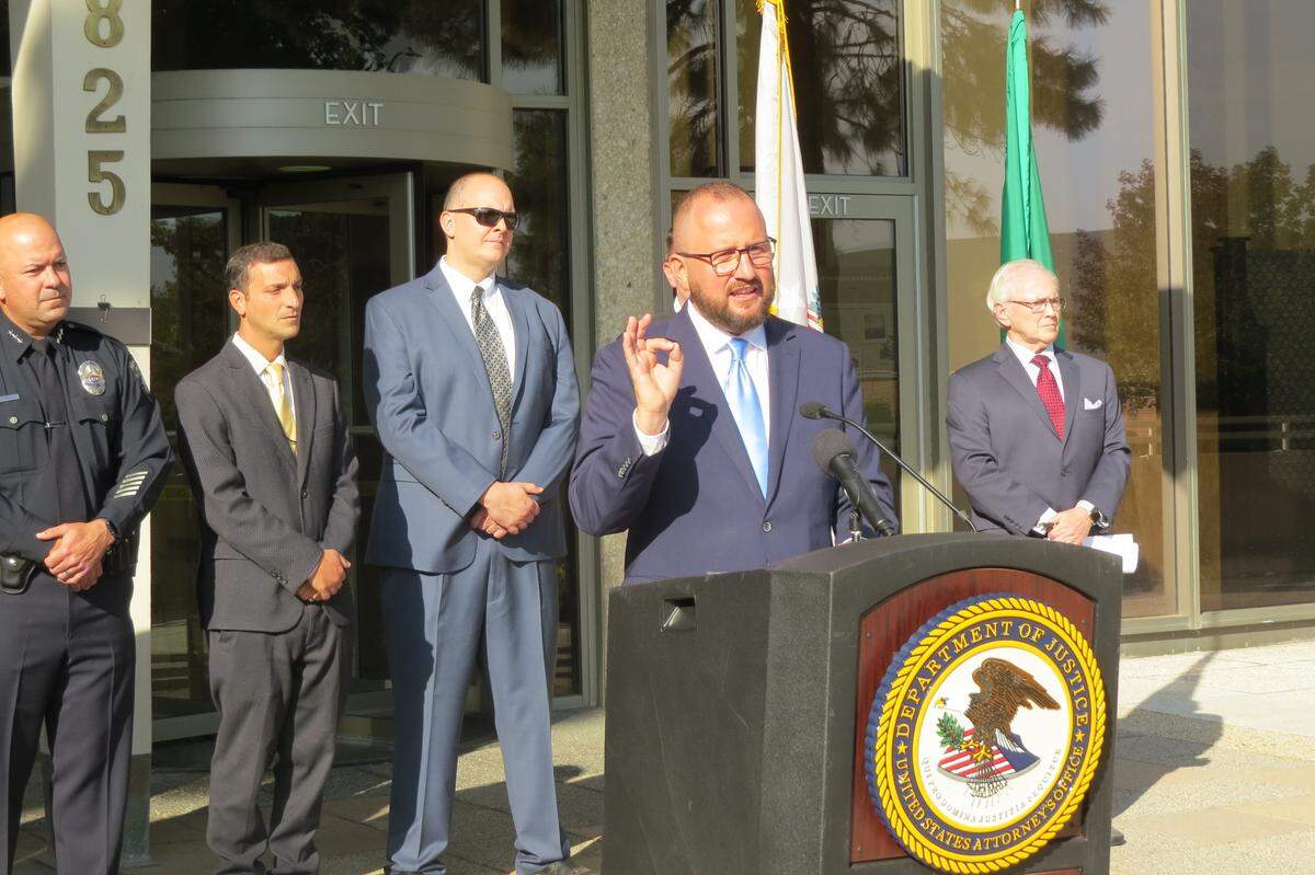 Judge Sal Mendoza, 9th Circuit Court of Appeals, speaks in front of the U.S. Courthouse in Richland as a new office for the U.S. Attorney’s Office is announced.