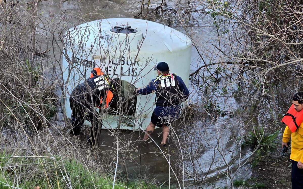 Members of Columbia Basin Dive Rescue teamed up with first responders from Benton County Fire District 2 to rescue goats that floated down the Yakima River in a modified tank during recent high water.