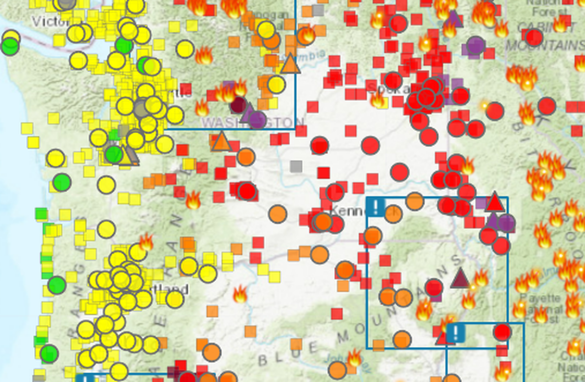 Red dots show monitors where air is unhealthy for everyone, including much of the Tri-Cities. Orange is air unhealthy for sensitive groups and purple is very unhealthy.