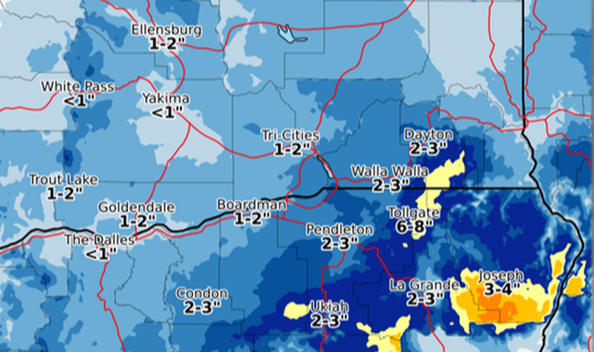 Projected snowfall totals for eastern Washington and Oregon from Tuesday evening through Thursday evening are shown.
