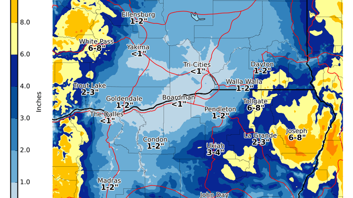 Expected snowfall is shown for Sunday through Monday night.
