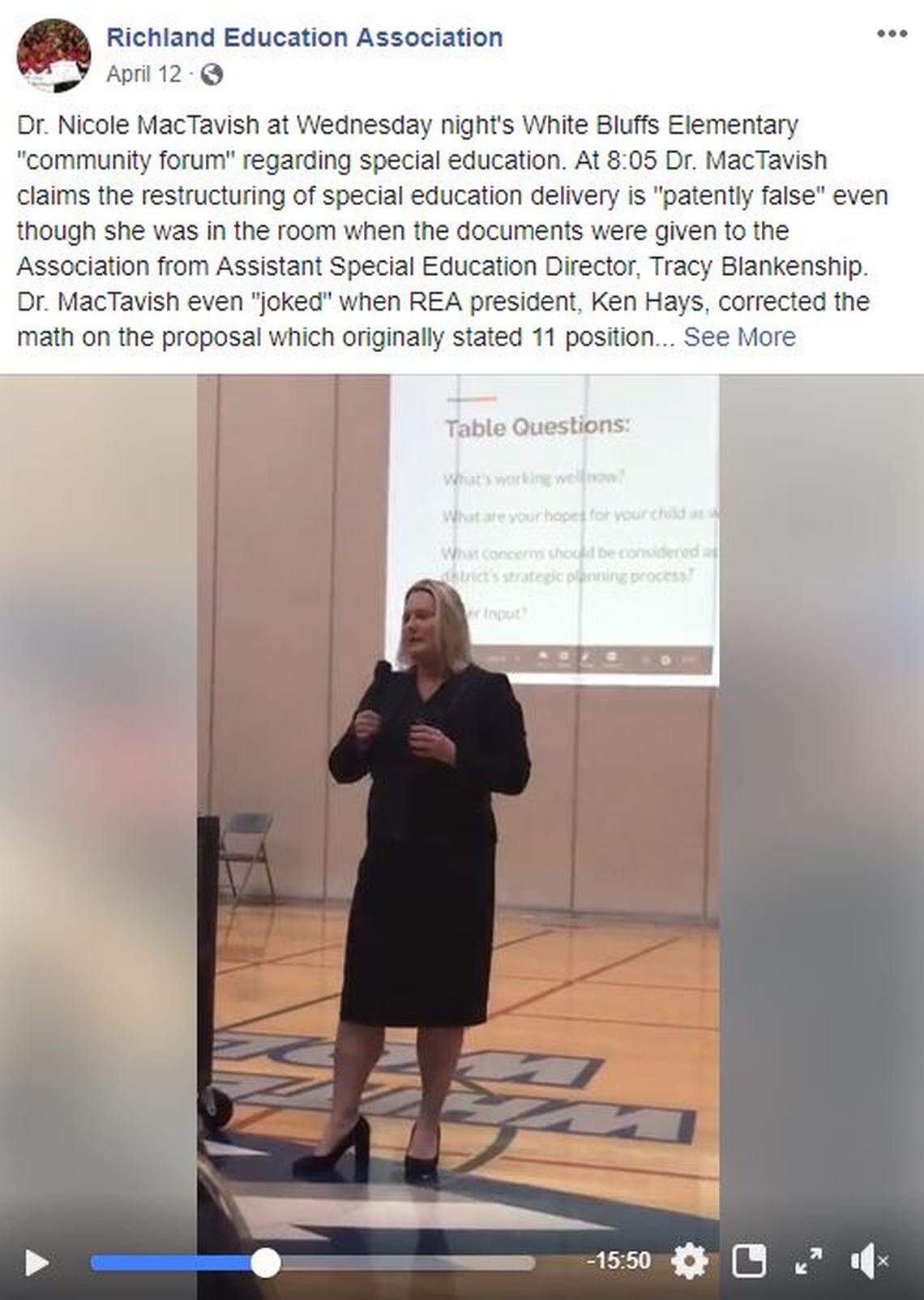 The Richland Education Association posted this message following the meeting at White Bluffs Elementary.