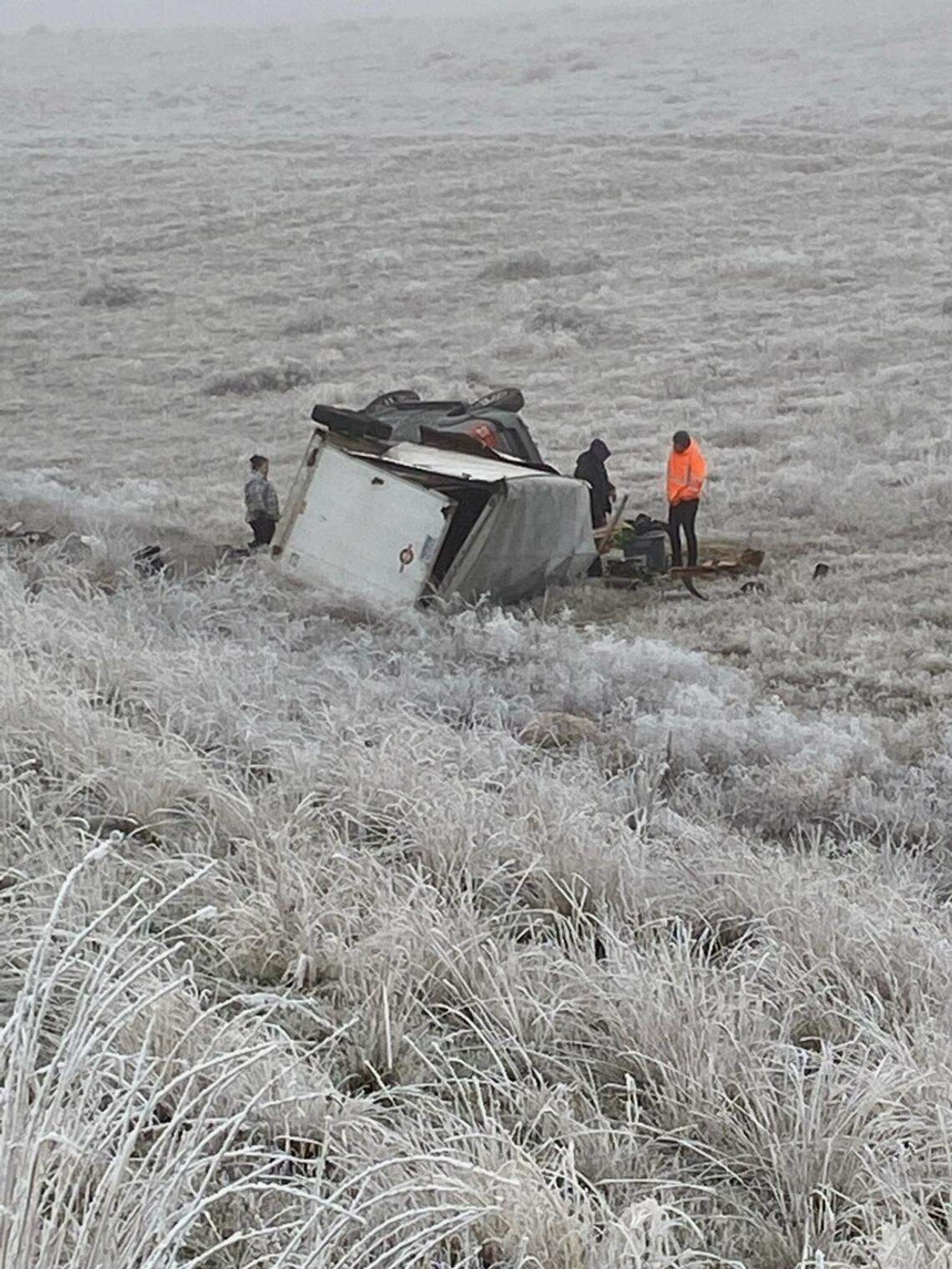 A truck rolled off the road on Monday after the driver lost control on the slick highways.