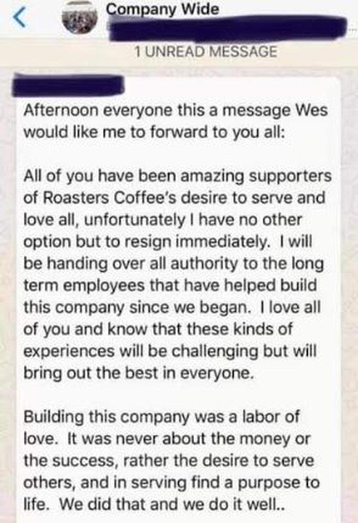 Part of a companywide message sent to Roaster’s employees on Monday.