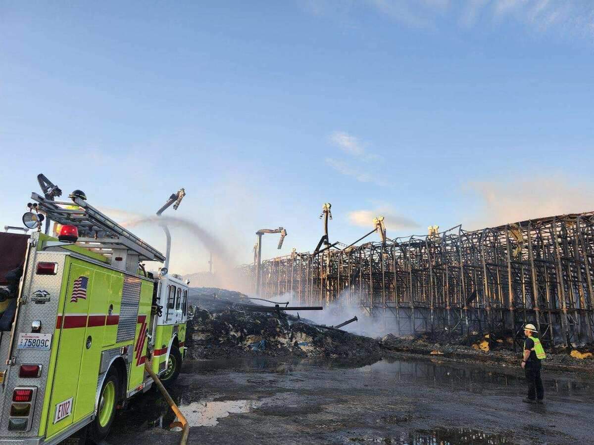 Fire flared up at the Kennewick Lineage cold storage warehouse in strong winds early in the week. Because of demolition work, Benton Fire District 1 was able to get water closer to the center of the building.