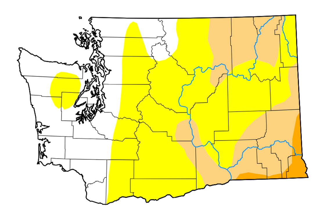 The most recent drought map of Washington state from the U.S. Drought Monitor, from Jan. 22, 2026, shows 73% of the state under abnormally dry or varying drought conditions. Yellow areas are considered “abnormally dry,” tan areas are experiencing “moderate drought” and orange areas are in “severe drought.” Brian Fuchs is listed as the author for the map.