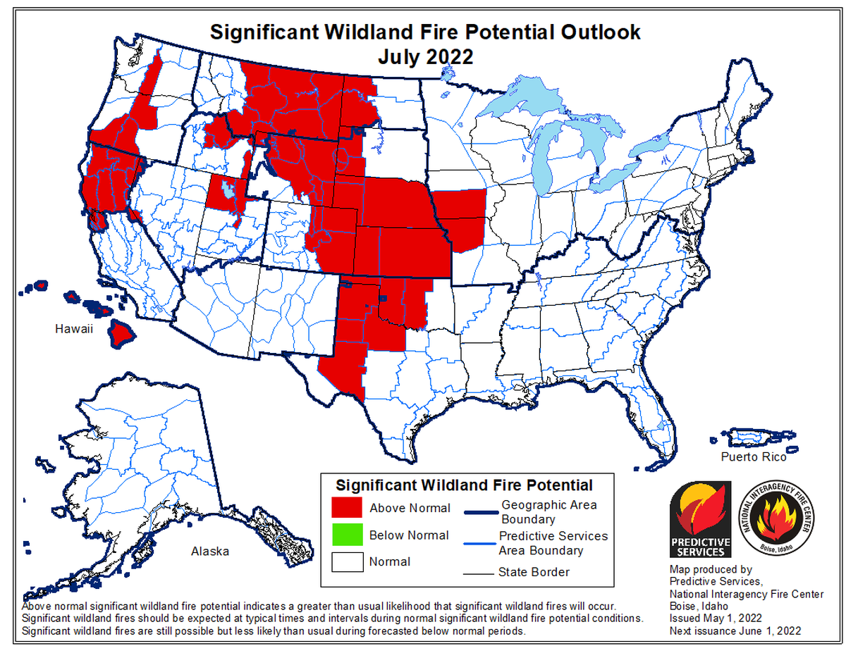 The potential for significant wildfires in the Washington Cascade Mountains is not forecast to be above normal until July this year.