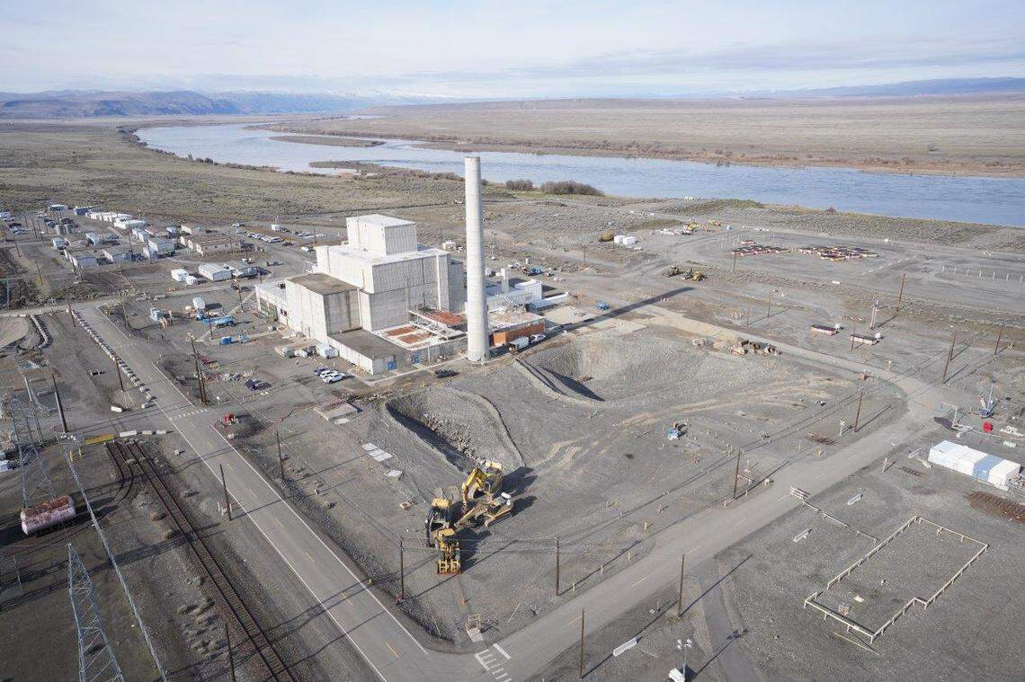 Explosives were used Friday afternoon to topple the 175-foot-tall exhaust stack of the K West Reactor at the Hanford nuclear site in Eastern Washington. It is shown before demolition.