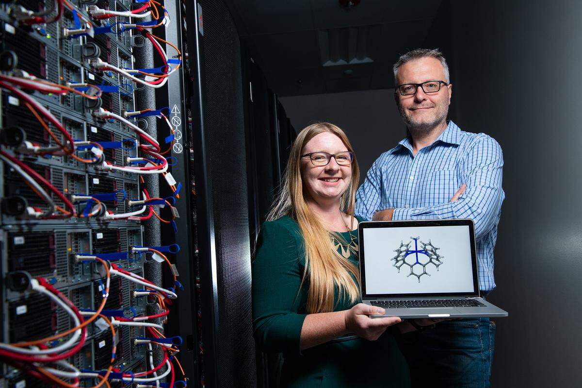 PNNL researchers Samantha Johnson (left) and Simone Raugei use computational methods to understand and predict new catalysts for producing fuel and harvesting energy. Shown here are molecules that can harvest energy from ammonia.