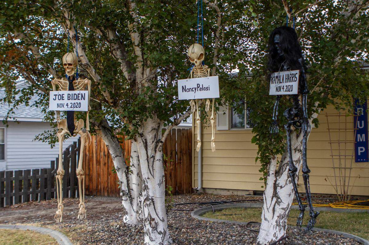 Ronnarae Cowell, 71, and her ex-boyfriend Kern Gauntt, 69, decorated her yard in Richland with Trump signs and skeletons labeled as Joe Biden, Nancy Pelosi and Kamala Harris. Cowell says she is aware of the way the skeletons have been received but that they were not intended to be political, in effigy or a hate message. “We’re not here to do anything but say we are here for Trump,” she said.