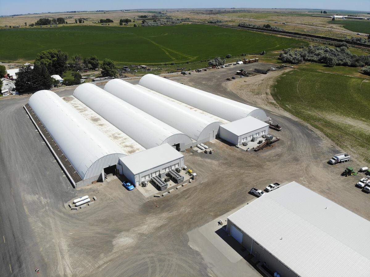 A drone shot of James Alford’s onion storage and part of his farm in Pasco.