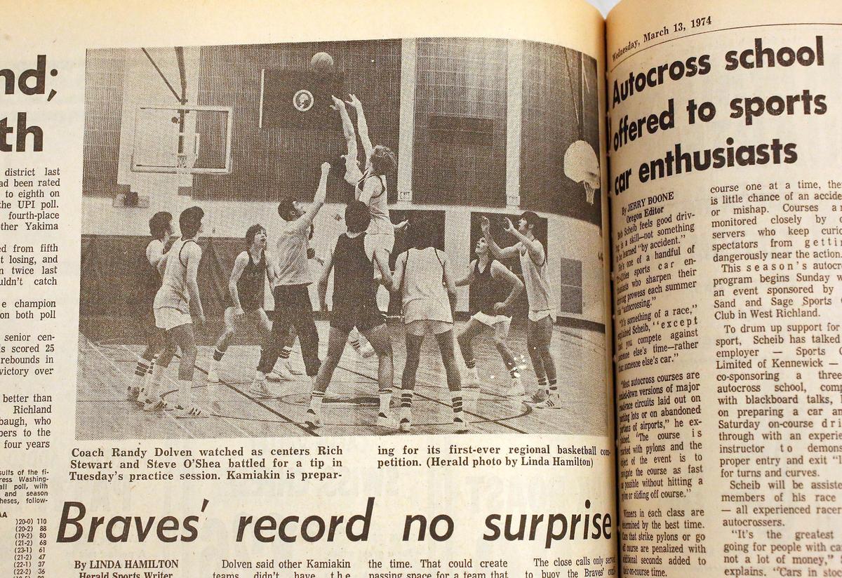 Sports story and photos from the March 13, 1974 edition of the Tri-City Herald.