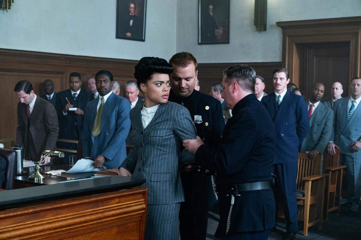 Trevante Rhodes, Andra Day, and Garrett Hedlund in “The United States vs Billie Holiday.”