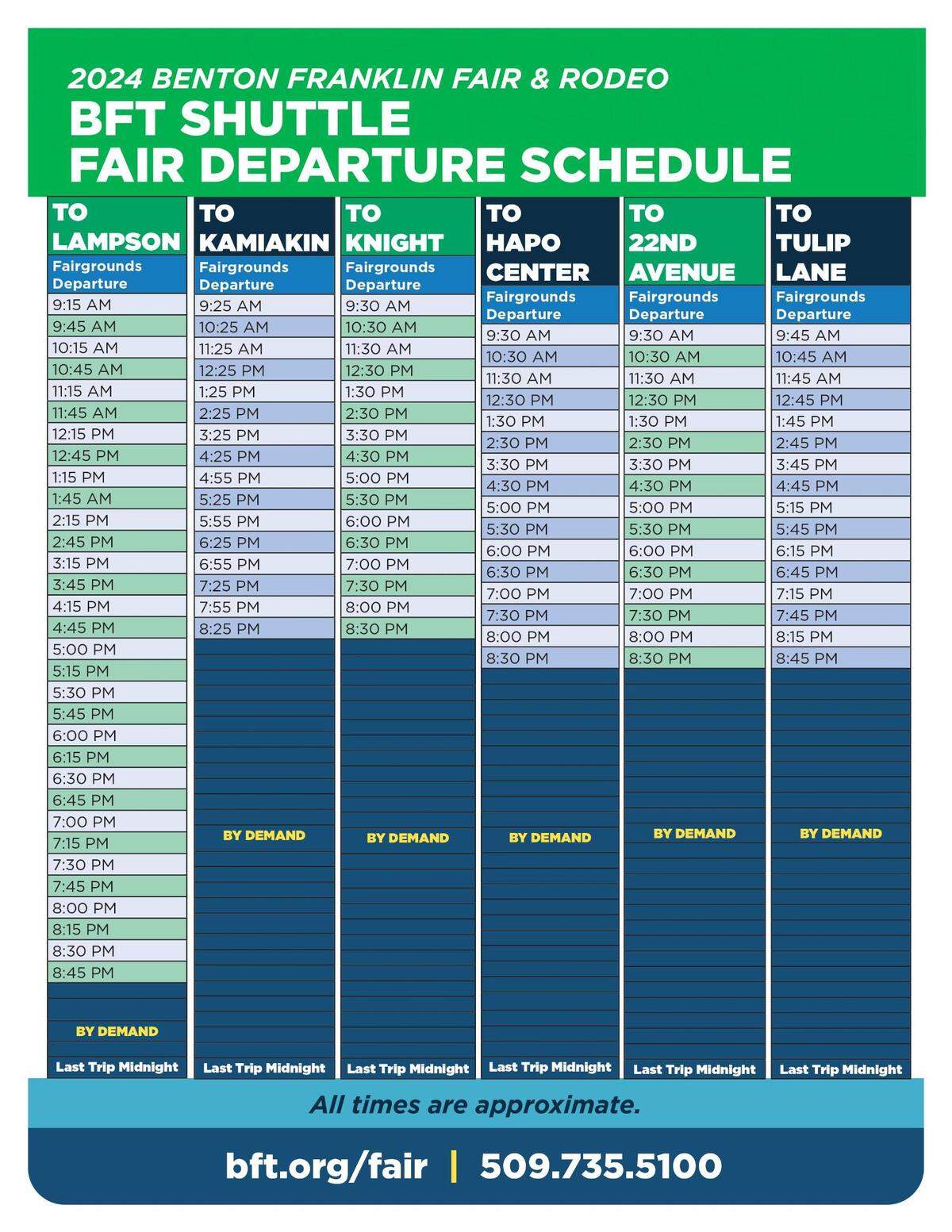 Shuttle buses to the Benton Franklin Fair and Rodeo will follow this approximate pick-up schedule through Ben Franklin Transit.