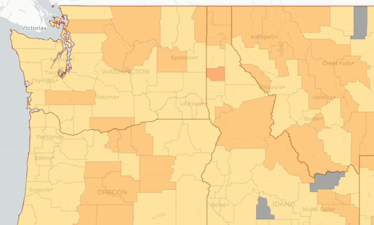 Georgia Tech estimated risk of a person attending an event will have COVID-19. Shown is the risk for gatherings of 20 people, with the darker the color the greater the risk. Gray indicates no data.