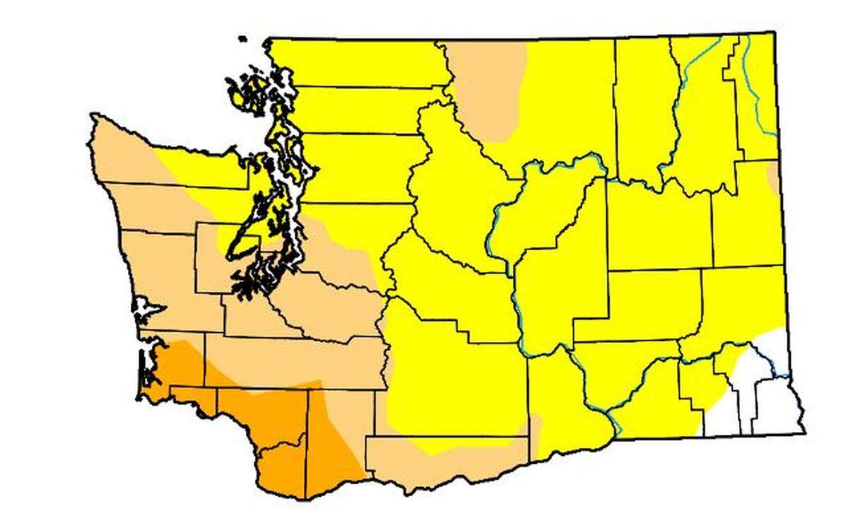 Yellow means abnormally dry, tan means moderate drought and gold means severe drought on this map released July 26.