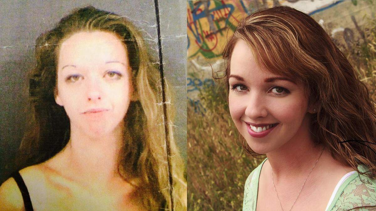 On left, Alisha Bryans' jail photo in 2001 and Alisha today on right.  She lives drug-free and serves on the Elijah Family Homes board in addition to volunteering with Word of Faith church Bible studies at the Benton County jail.