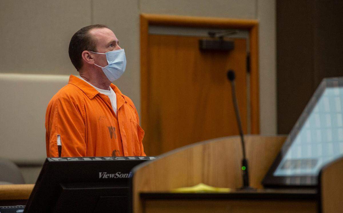 Scott Britton makes a statement before Judge Alex Ekstrom during his resentencing hearing for the 1996 murder of Aaron Laws, in Benton County Superior Court on Friday.