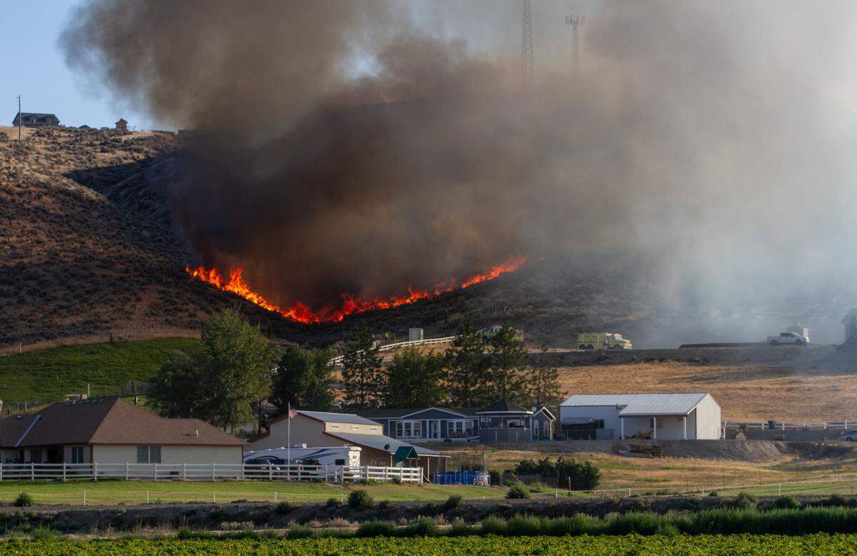 Firefighters from nine Tri-City fire departments were fighting a wildfire Friday in Badger Canyon caused by target shooters Friday evening. Wind and low humidity fueled the blaze in Benton County.