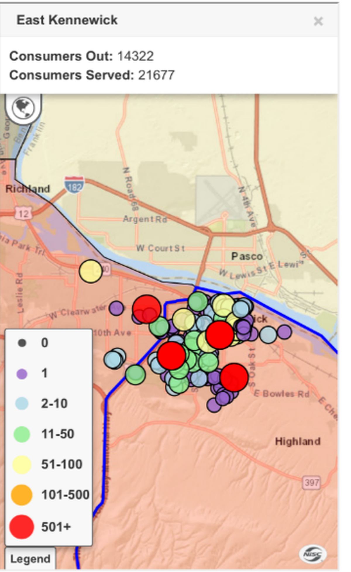 A screenshot of the Benton PUD outage map showed more than 14,000 customers without electricity shortly after 10 p.m. Monday.