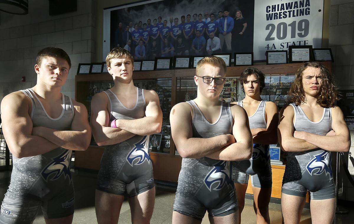 The 4A defending state champion Chiawana Riverhawks team repeat as Class 4A team champions at the WIAA’s Mat Classic XXXII, the state’s high school wrestling championships in the Tacoma Dome. From left are Riley Cissne, Tyson Stover, Isaiah Anderson, Darion Johnson and Robby Vaughn.