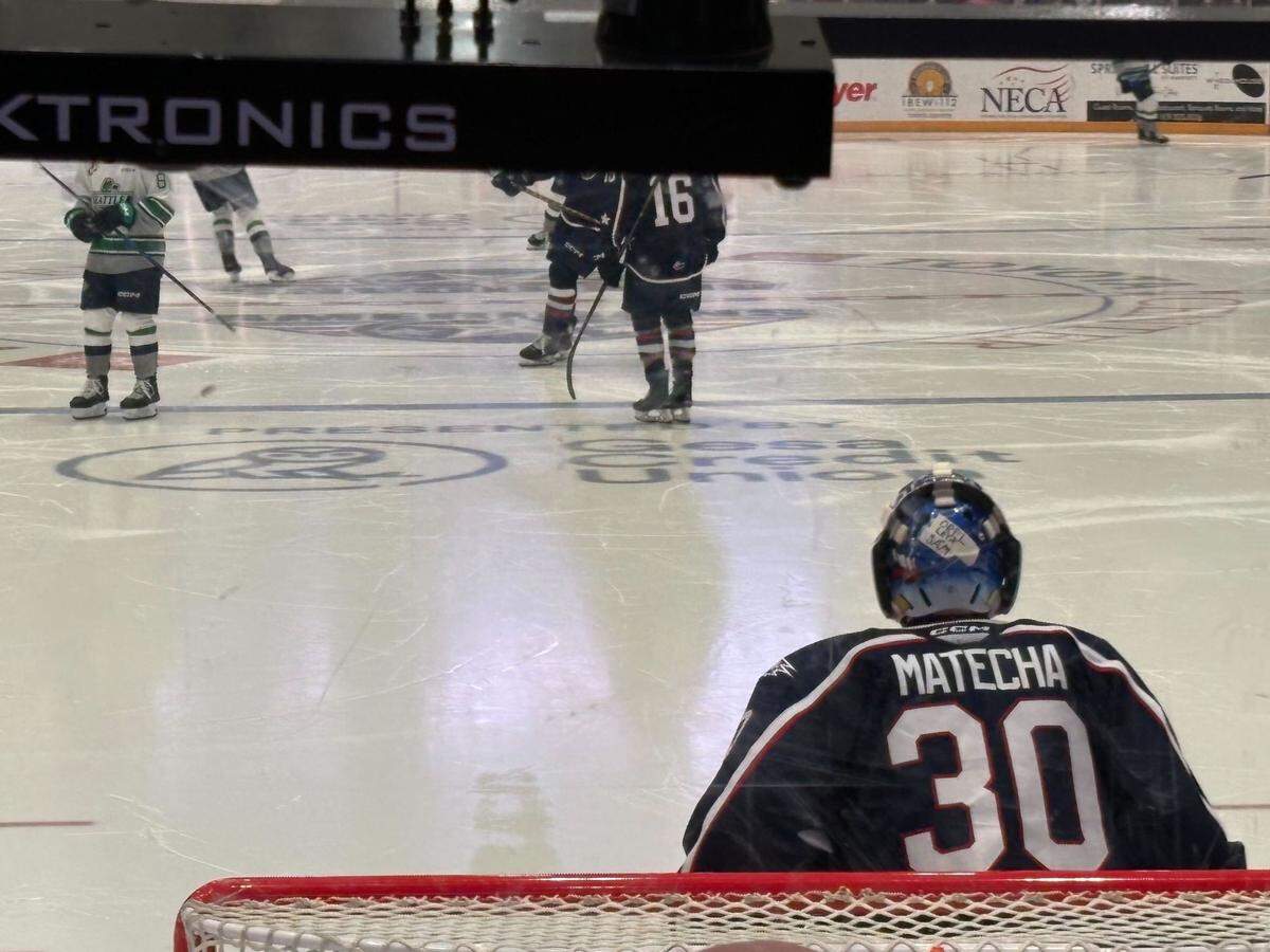 Goaltender Lukάš Matěcha in net for the Tri-City Americans during the March 11 game against the Seattle Thunderbirds.