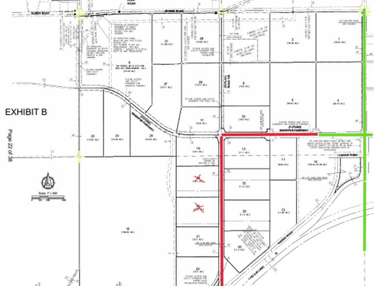 A map of the Broadmoor Development shows the 20-acres being purchased by the Pasco Public Facilities District for an aquatic facility. The purchase of lots 20 and 24 will also spur road development.