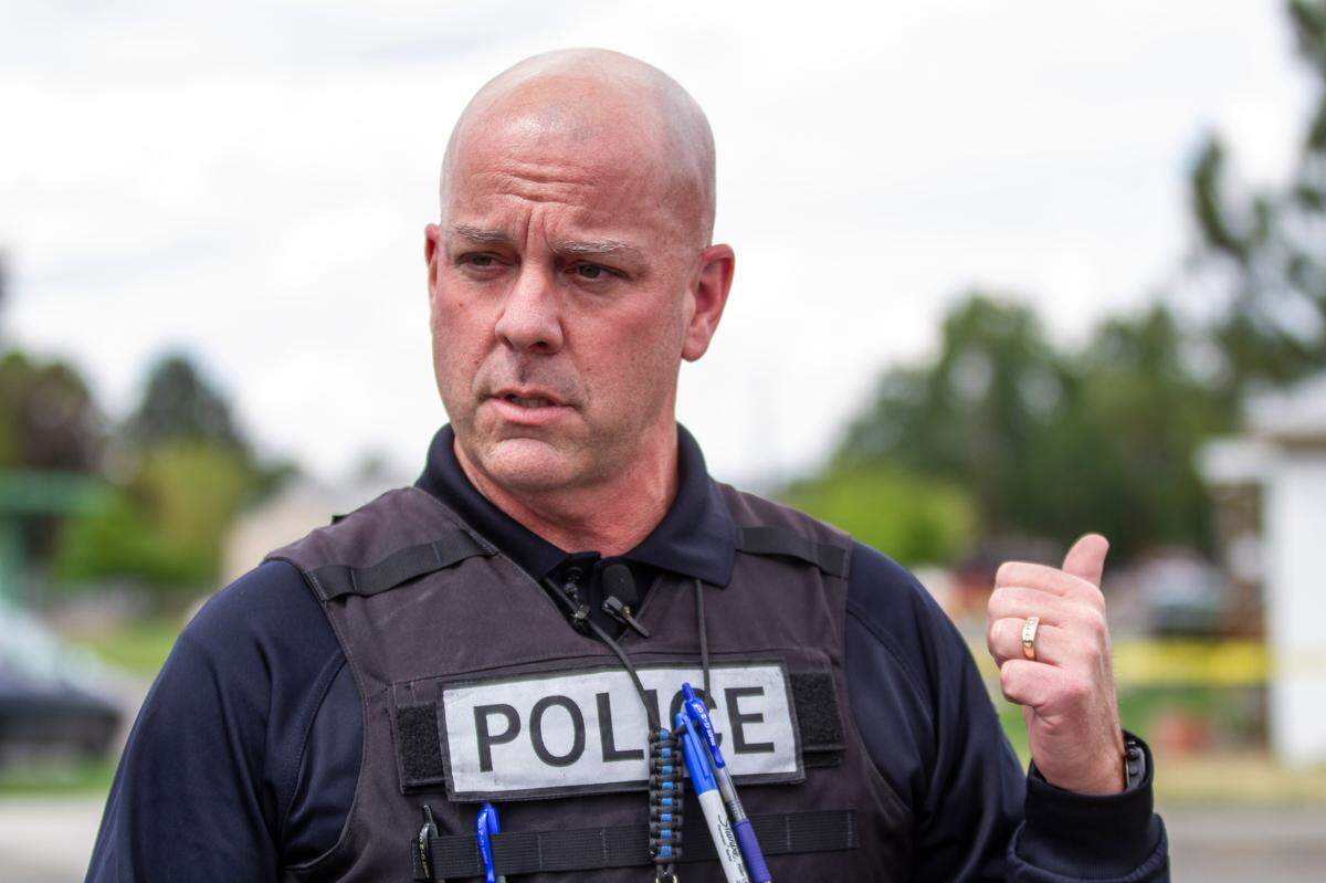 Kennewick Police Commander Randy Maynard of the Special Investigations Unit speaks during a news conference last week.