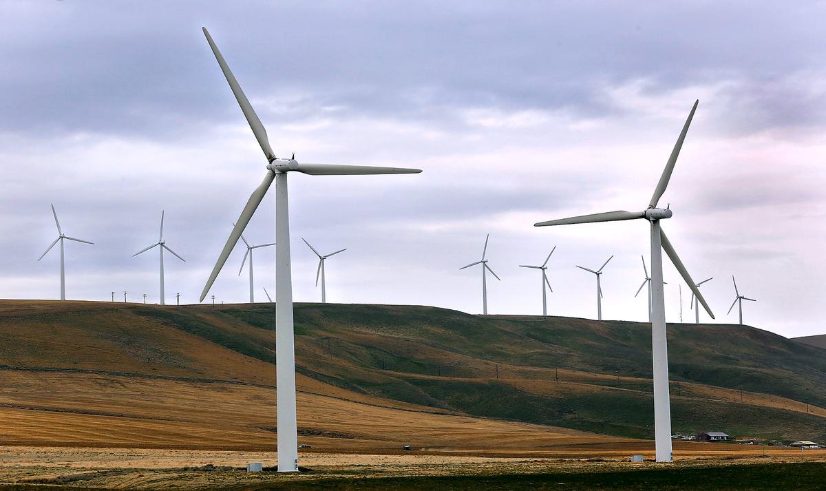 Turbines at the Nine Canyon Wind Farm near Lower Blair Road south of Kennewick spin. A larger wind farm is proposed to be added along the Horse Heaven Hills.