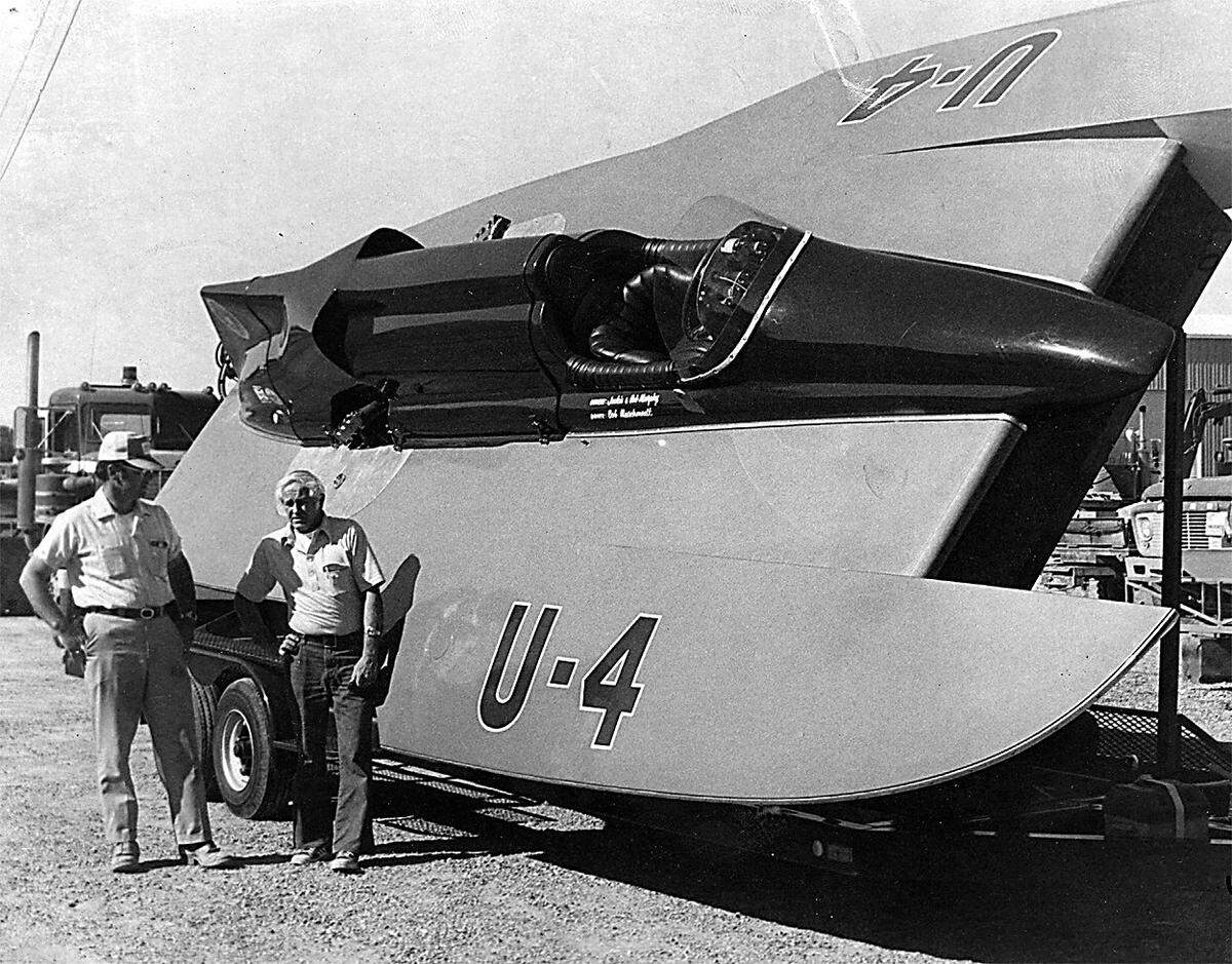 The 1977 Gold Cup race was still a month away when the first unlimited hydroplane, the U-4 owned by Bob Murphy, arrived in the Tri-Cities. Chuck Keltch, Water Follies president, left, was on hand to greet him.